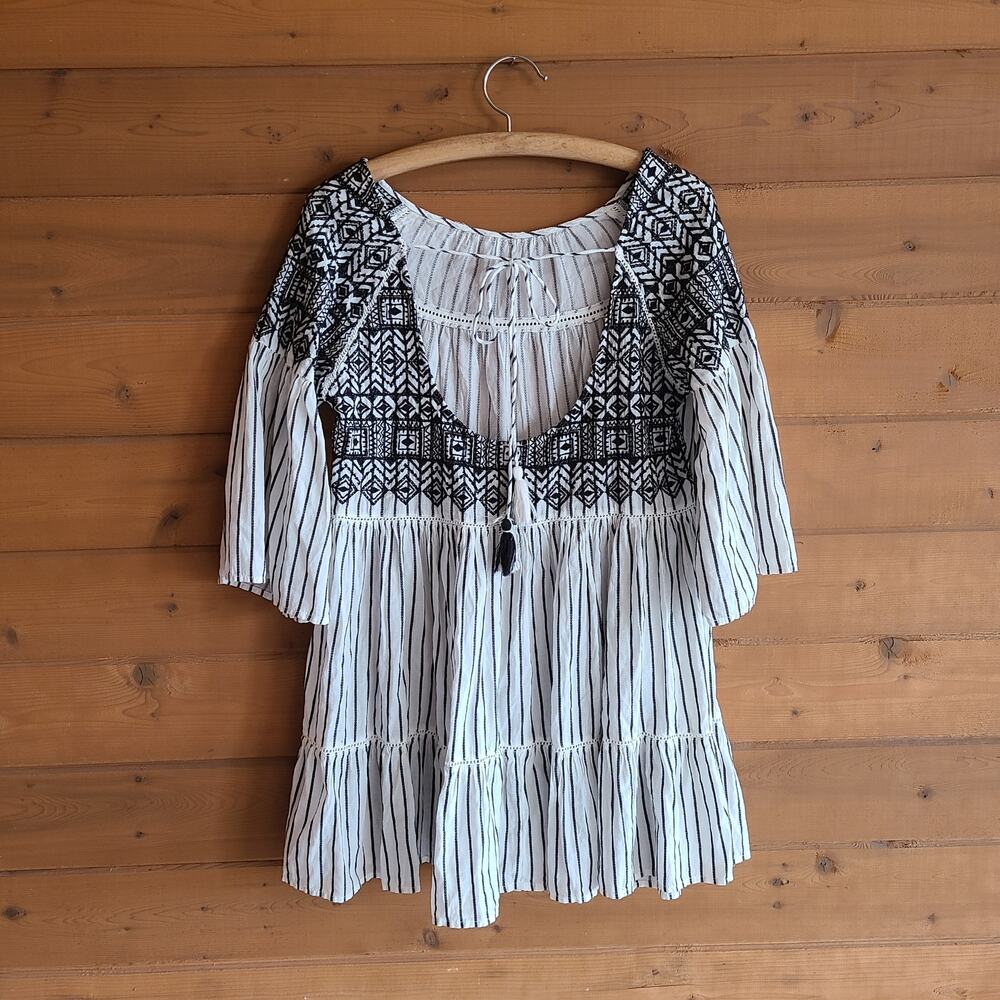 Free People Lola Mini Dress Embroidered Striped Boho Flowy XS Beachy Oversized - Picture 2 of 5